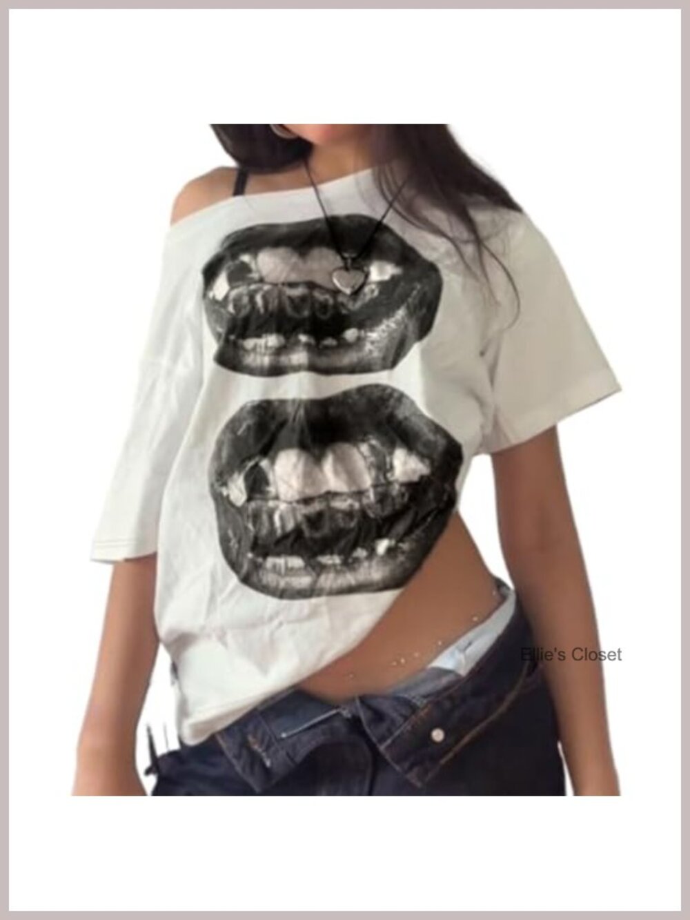 Off Shoulder Women Oversized Graphic Tee Y2K Lips Print Baggy Streetwear Top